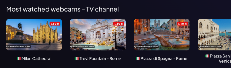 The addon's row on Stremio's Board: Milan Cathedral, Trevi Fountain, Piazza di Spagna and Piazza San Marco